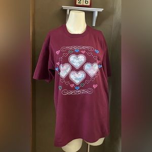 Vintage 90s Jerzees Heart T Shirt Women’s L USA Made Graphic Print Burgundy Tee